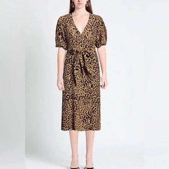 FAITHFULL THE BRAND ELFRIDA Leopard Print Wrap Midi dress XS - Picture 1 of 6